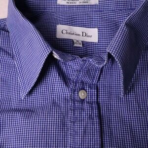 Christian Dior Mens Blue Gingham Check Shirt Button Down Long Sleeve Size 16